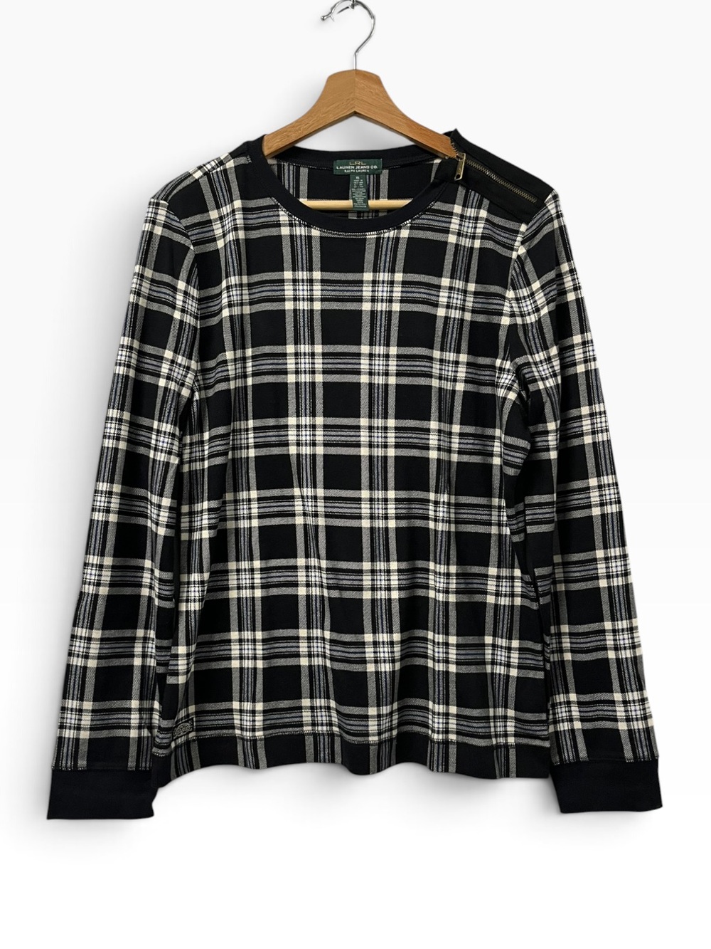 Lauren Ralph Lauren Top Women’s XL Black Cotton Shoulder Zip Long Sleeve LRL